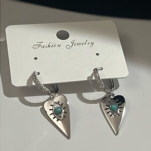 Silver heart evil eye crystal embellished earrings latch hoop style nwt